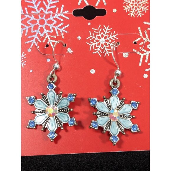 Christmas Winter Snowflake Earrings Blue Aurora Borealis Crystal Dangle Drop - Picture 4 of 8
